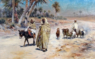 Antonino Leto, Pastori nomadi in un'oasi, olio su tela, 43x62 cm