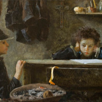 Antonio Mancini, Petit garçon à table (I figli del saltimbanco o Acque basse) – Olio su tela, collezione privata