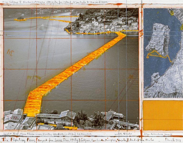 Christo, The Floating Piers, disegno (2014) per progetto di una passerella tra Sulzano e Monte Isola sul Lago d’Iseo-18 giugno al 3 luglio 2016