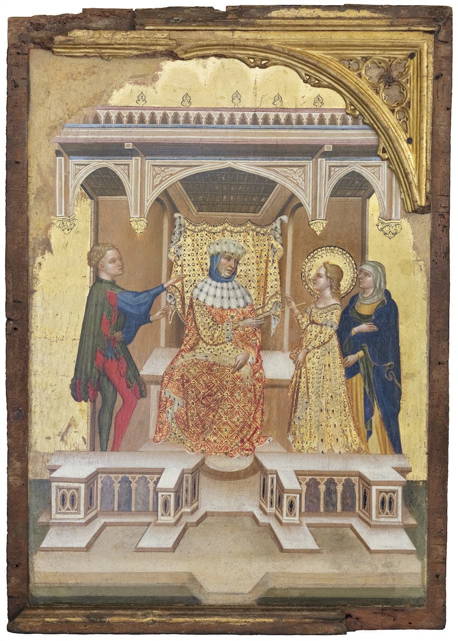 immagine per Rinascimento Marchigiano. Opere restaurate dai luoghi del sisma Jacobello del Fiore Scene della vita di Santa Lucia – Lucia denunciata al giudice dal suo fidanzato 1420-1425 ca. tempera e doratura su tavola cm 80 x 60 Pinacoteca Civica, Palazzo dei Priori Fermo
