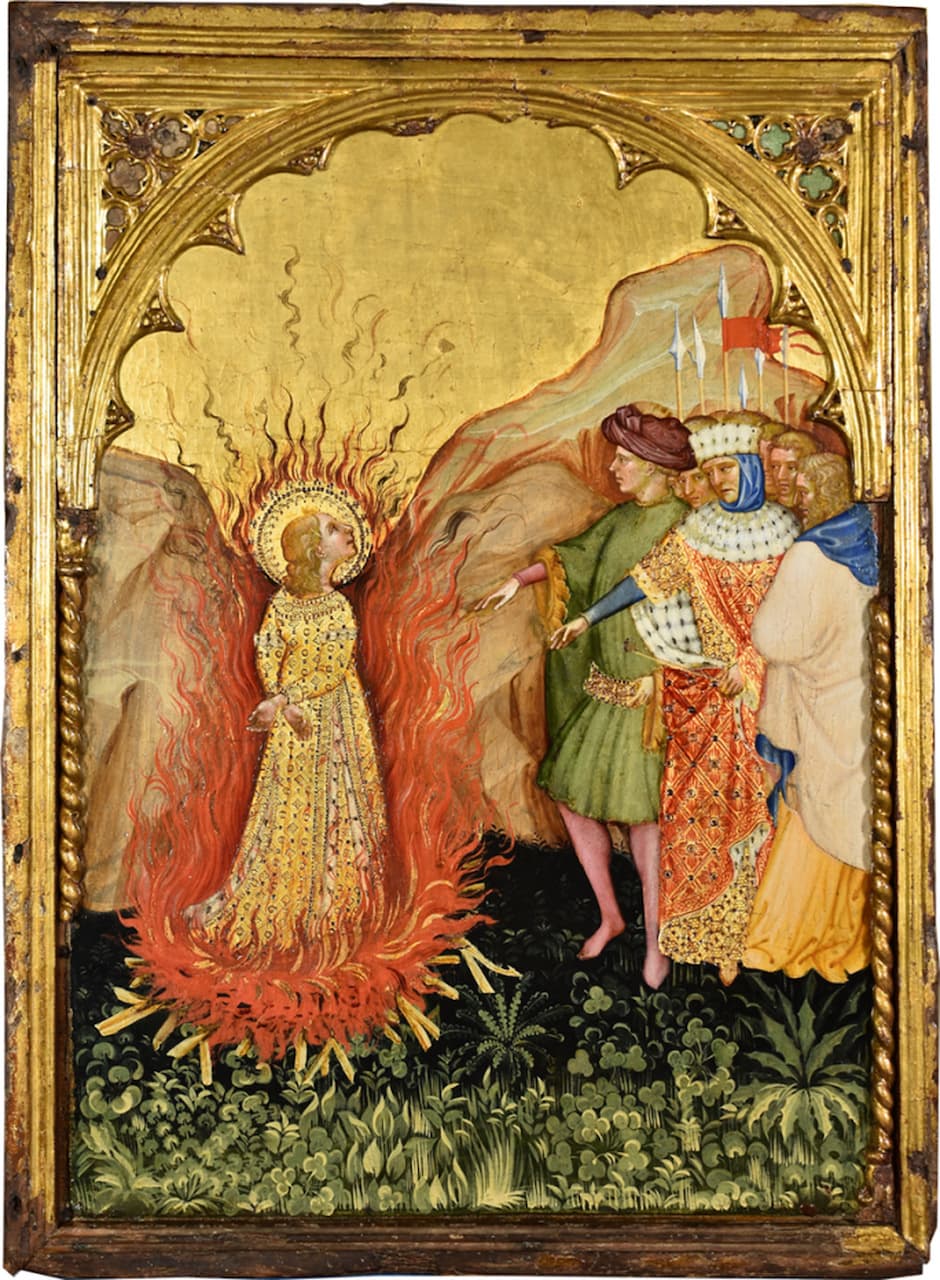 immagine Jacobello del Fiore Scene della vita di Santa Lucia – Lucia trafitta alla gola dal pugnale del boia 1420-1425 ca. tempera e doratura su tavola cm 80 x 60 Pinacoteca Civica, Palazzo dei Priori Fermo