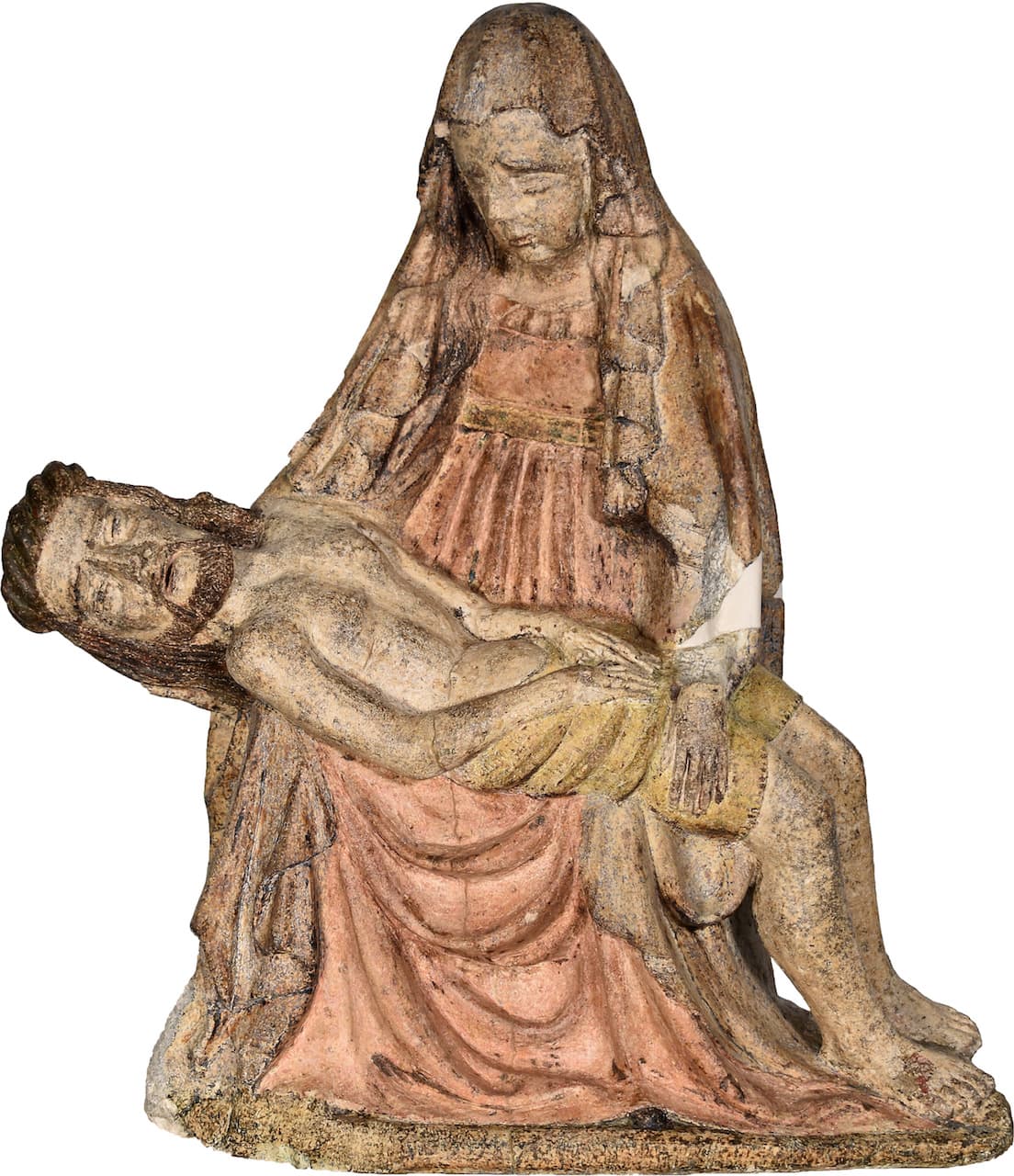 immagine per Rinascimento Marchigiano. Opere restaurate dai luoghi del sisma Ambito tedesco Madonna con Cristo morto “Vesperbild” detta Madonna della Cona Seconda metà sec. XV Scultura lapidea e dipinto cm 57 x 49 x 19 Castelsantangelo sul Nera (MC), loc. Forca di Gualdo, chiesa della Madonna della Cona ora conservata ad Ancona, Mole Vanvitelliana, deposito MiBAC di emergenza beni mobili, collocazione H5a