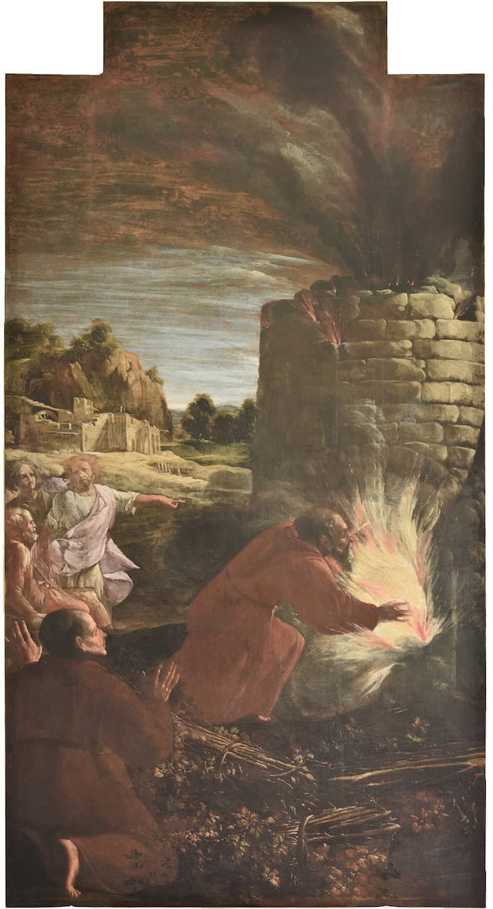 immagine per Rinascimento Marchigiano. Opere restaurate dai luoghi del sisma Giovanni Serodine San Francesco di Paola che spegne la fornace in fiamme 1623 - 1625 olio su tela cm 273x130 Chiesa di San Francesco Matelica (MC)