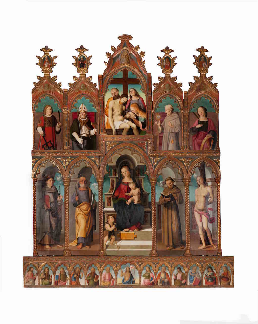 immagine Bottega di artista Ignoto attivo nelle Marche nei primi anni del XVI secolo (già attribuito a Giuliano Presutti) Madonna con Bambino, Santi e Apostoli XV sec. Polittico ligneo – olio su tavola cm 325 x 280 Chiesa di San Francesco Monte San Pietrangeli (FM)