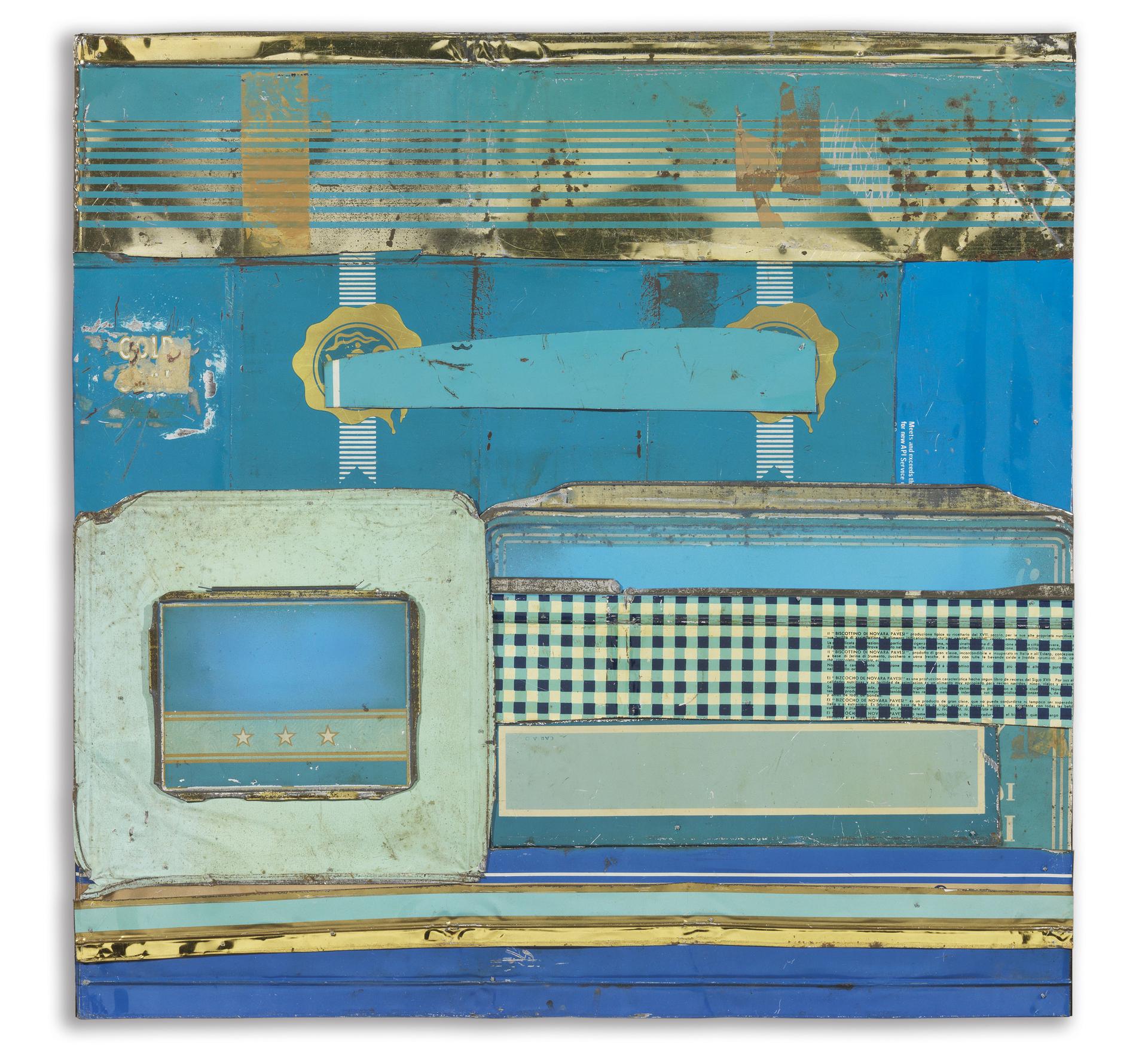 immagine per Flavio Favelli, Sky Blue, 2023assemblaggio di di scatole di latta su pannello, cm 57x57 Courtesy Farsettiarte e Studio SALES di Norberto Ruggeri, Roma