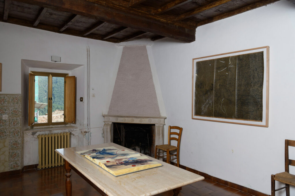 immagine per Elisa Montessori, Tutti i giorni, 2023, libro d’artista, 36,5 x 51,5 cm (chiuso), 36,5 x 75,5 cm (aperto)Il bosco di Dafne, 2023, pastelli su carta catramata, 124 x 101 cmInstallation view a Straperetana 2023, ULTRAMODERNE, Pereto (AQ)Courtesy Galleria Monitor, Roma, Lisbona, Pereto (AQ). Foto di Giorgio Benni