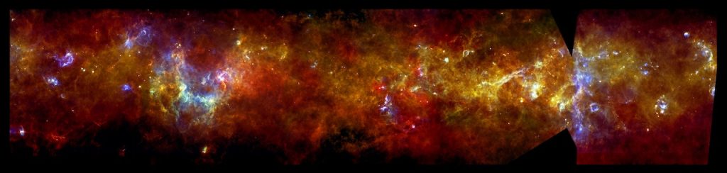 immagine per 15. La polvere interstellare nel piano della Via Lattea, osservata nelle lunghezze d’onda del lontano infrarosso; le regioni più brillanti indicano gas caldo illuminato da giovani stelle. Interstellar dust in the plane of the Milky Way, observed in far-infrared wavelengths; the brightest regions are pockets of gas heated up by nearby newborn stars.Crediti: ESA/PACS & SPIRE Consortium, S. Molinari, Hi-GAL Project