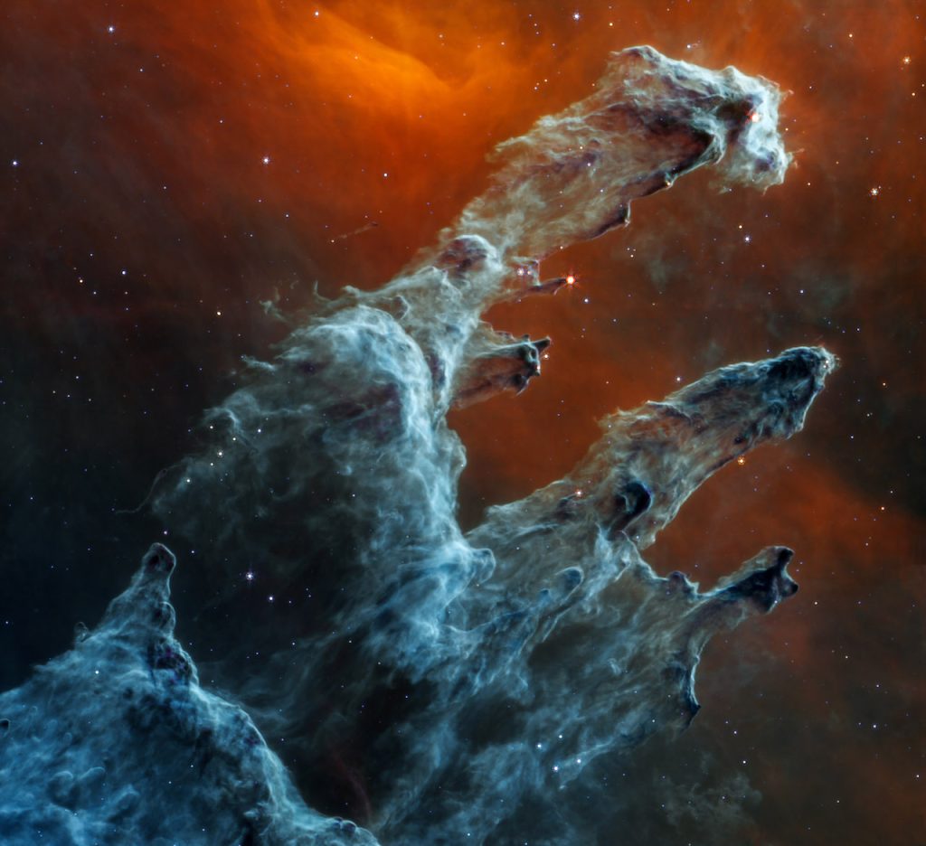 immagine per 8. I Pilastri della Creazione, una regione di formazione stellare a circa 6500 anni luce dalla Terra, osservata nelle lunghezze d’onda del medio infrarosso.The Pillars of Creation, a star-forming region about 6500 light years from Earth, observed in mid-infrared wavelengths.Crediti: NASA, ESA, CSA, STScI, J. DePasquale (STScI), A. Pagan (STScI)