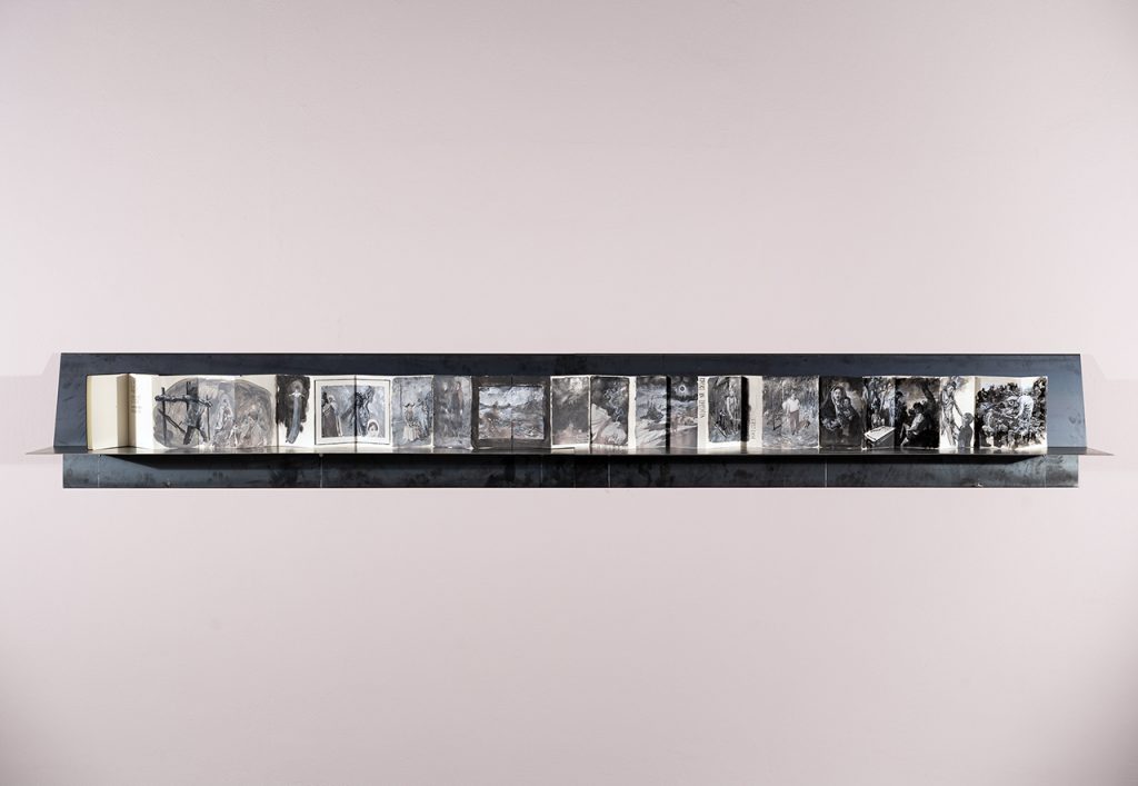 immagine per Francesco De Grandi, Leporello, 2020, china e collage su carta, ferro, 40x300x27 cm, courtesy l’artista e RizzutoGallery