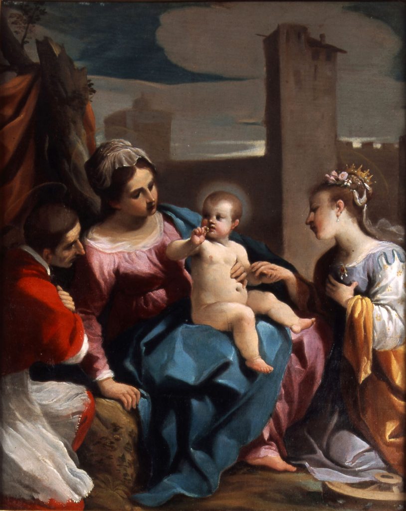 immagine per Guercino, Matrimonio mistico di santa Caterina alla presenza di san Carlo Borromeo, circa 1611 – 1612, olio su tavola, 50,2 x 40,3 cm, Cento, Collezione d’arte CREDEM in deposito alla Civica Pinacoteca il Guercino