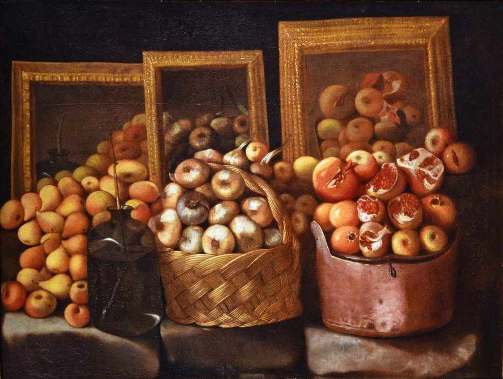 immagine per Paolo Antonio Barbieri, Natura morta con bottiglia, frutta, ortaggi e tre specchi, prima metà del XVII secolo, olio su tela, 81,5 x 107 cm, Collezione privata, courtesy, Cantore Galleria Antiquaria