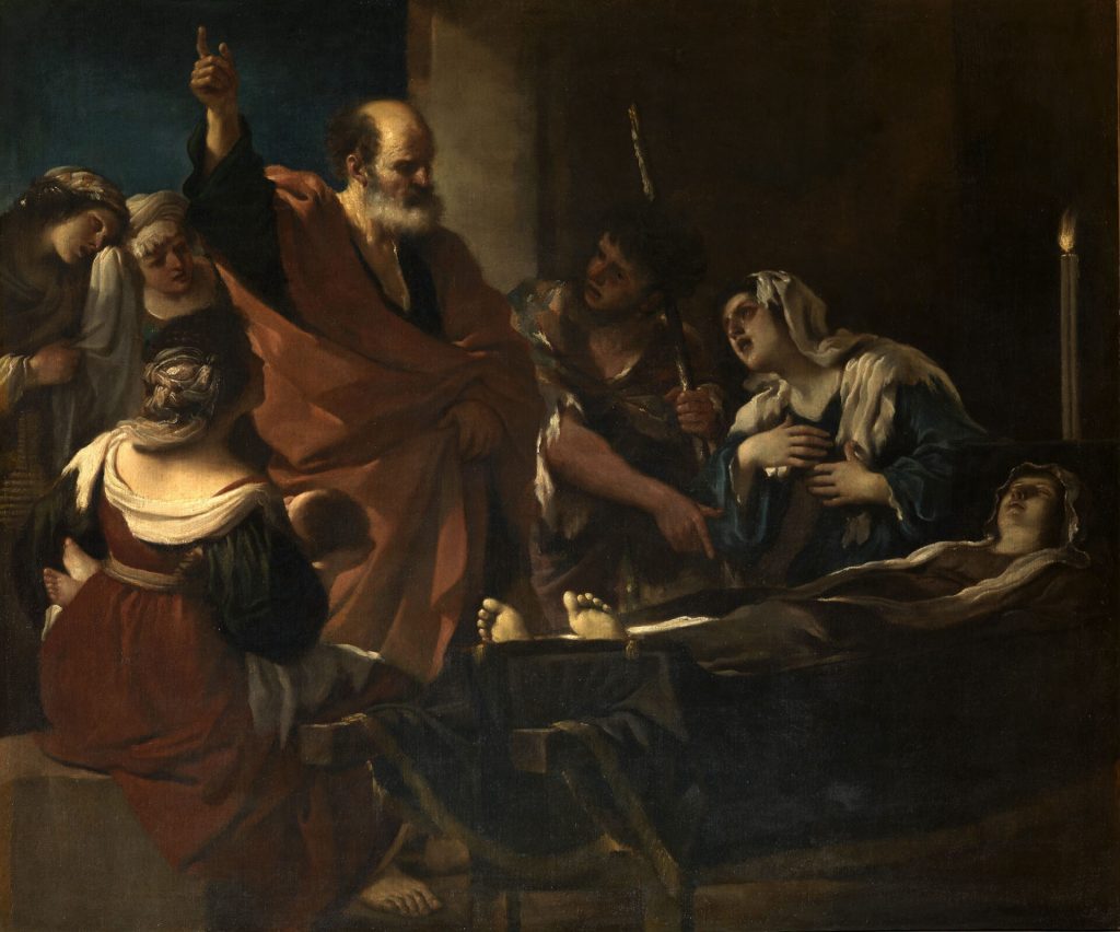immagine per Guercino, Resurrezione di Tabita, 1618, olio su tela, 133 x 159 cm , Firenze, Gallerie degli Uffizi – Palazzo Pitti