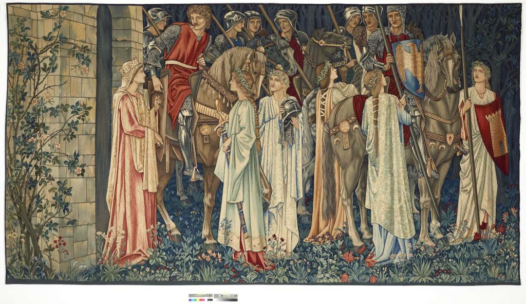 immagine per Edward Burne-Jones, William Morris, and John Henry Dearle (designers)Morris & Co. (produttore, tessuto by Robert Ellis, John Keich, John Martin, and George Merritt)Arazzi del Santo Graal. I cavalieri si armano progettato nel 1890, tessuto nel 1898-1899 arazzo ad alto ordito con trama in lana e seta su ordito in cotone - Collezione privata