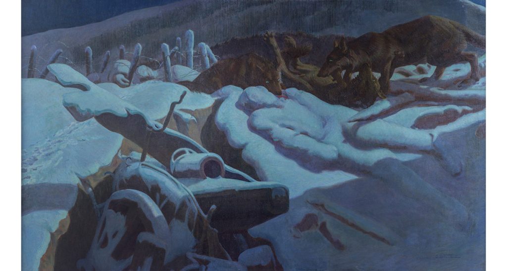 immagine per Giovanni Costantini (Roma 1872 – 1947), DOPO LA LOTTA DEGLI UOMINI Dipinto ad olio su tela di cm 134 x 226, firmato in basso a destra, intitolato sul retro.