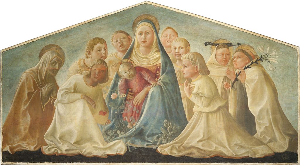 immagine per Filippo Lippi Madonna dell'Umiltà con angeli e santi carmelitani ca. 1429-1432 tempera su tavola trasportata su tela, cm 62 x 167,5 Milano, Pinacoteca del Castello Sforzesco © Comune di Milano / Beccaria 2012