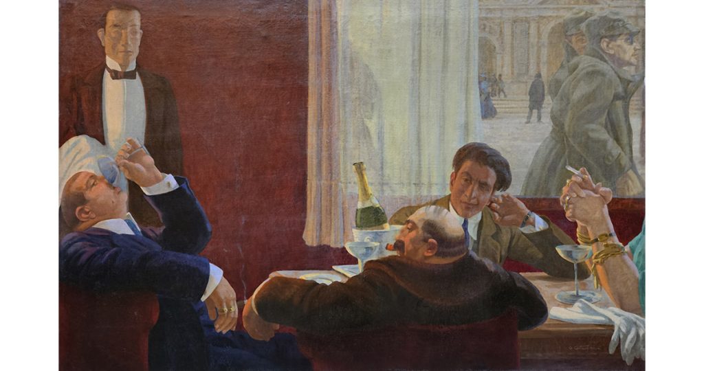 immagine per Giovanni Costantini (Roma 1872 – 1947), I PROFITTATORI Dipinto ad olio su tela di cm 113 x 174 firmato in basso a destra, intitolato sul retro.