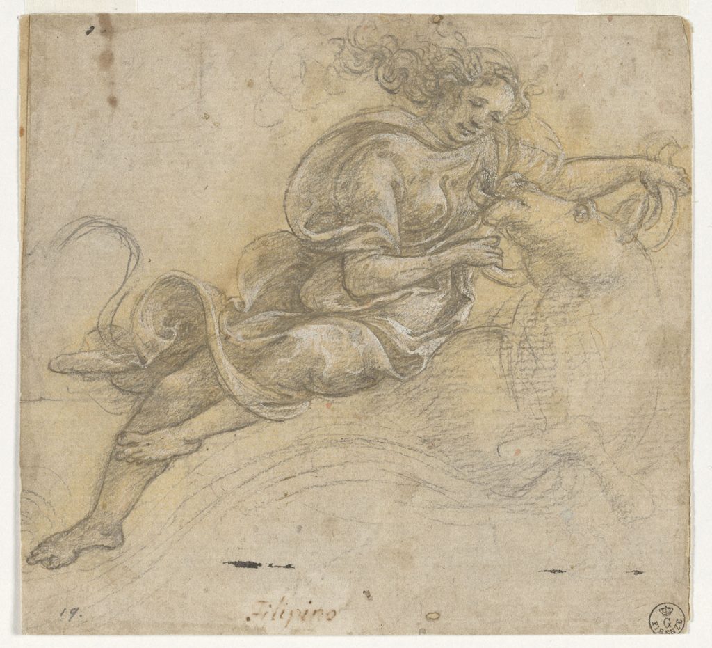 immagine per Filippino Lippi Ratto d'Europa matita nera, tracce di penna e inchiostro marrone, biacca su carta parzialmente tinteggiata con colore giallo, 145 x 157 mm Firenze, Gallerie degli Uffizi, inv.GDS n. 1168 E