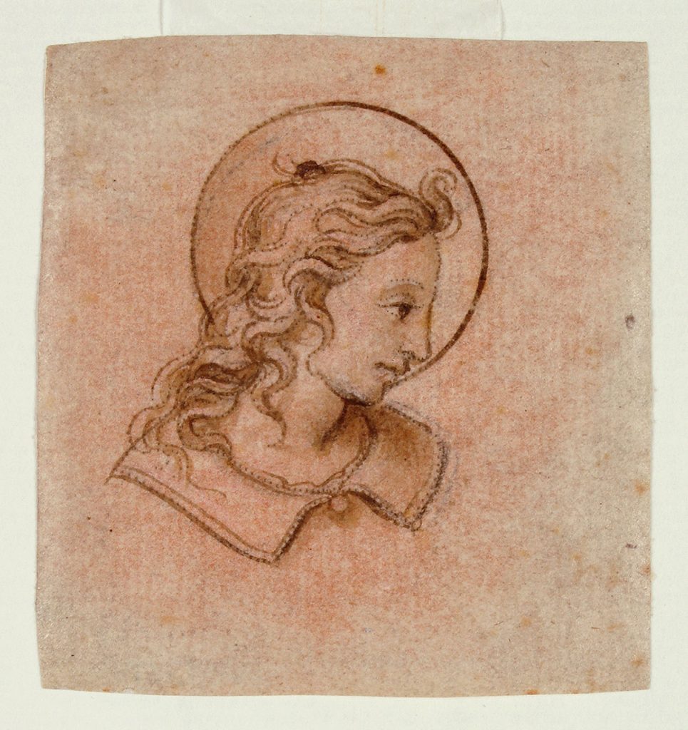 immagine per Filippino Lippi Testa di angelo nimbato di profilo bistro, matita, sanguigna, penna, inchiostro nero, mm. 61 x 60 Roma, Istituto Centrale della Grafica, inv. D-FC131756 per gentile concessione del Ministero della cultura. Proprietà dell’Accademia Nazionale dei Lincei