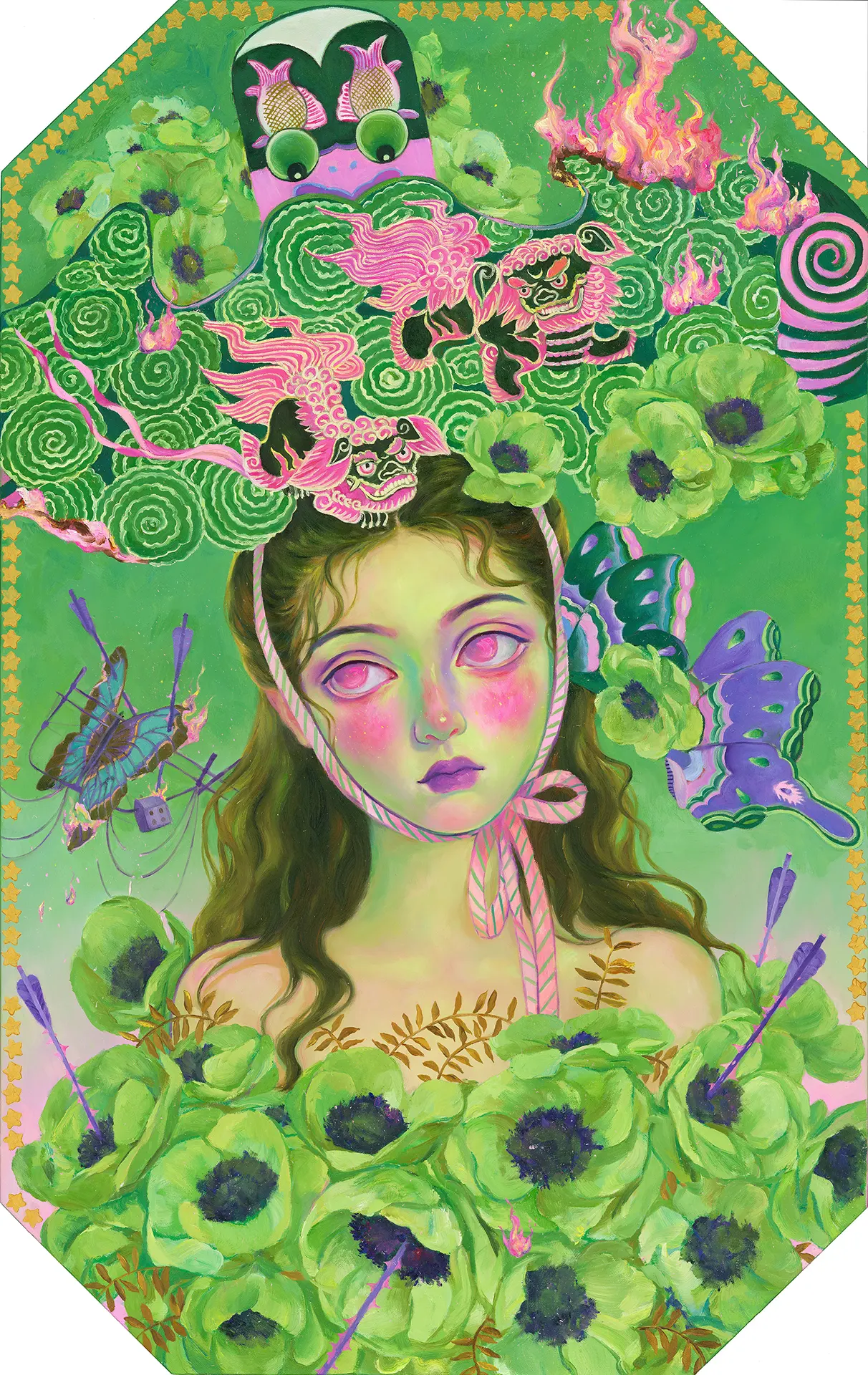 immagine per Zhao Xiaoli, Kites in Flames. Green, olio su tela, 100 x 160 cm, 2021-2022