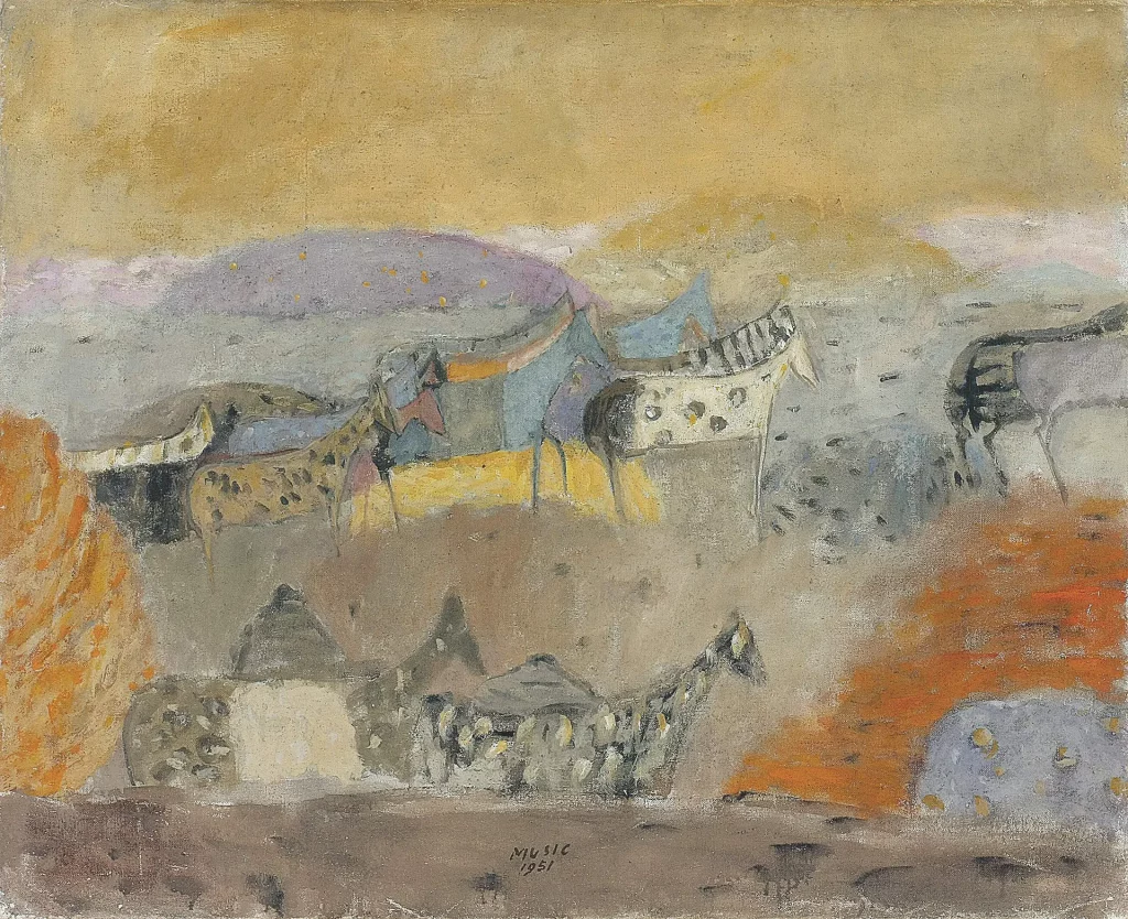 immagine per Zoran Music, Cavalli che passano, 1951, olio su tela, 81,3x99,5 cm, Museo Mario Rimoldi, Cortina d'Ampezzo
