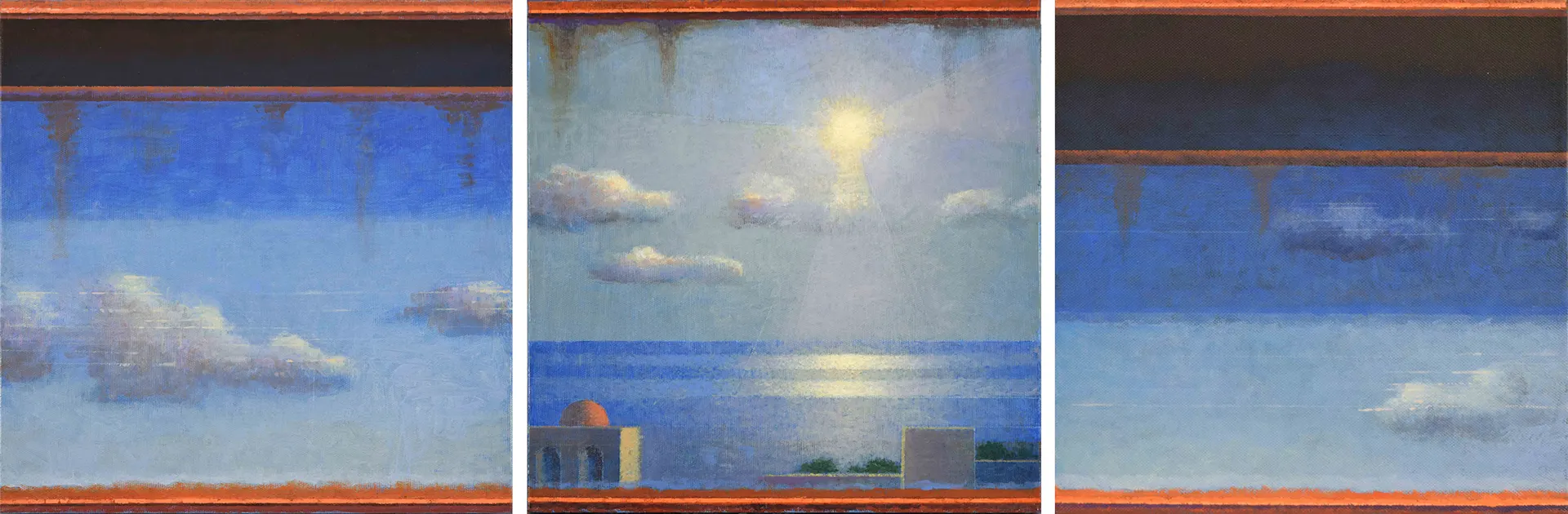immagine per Giuseppe Modica, Alternanza Luce-Buio, 2024, trittico, olio su tela, cm 30x90
