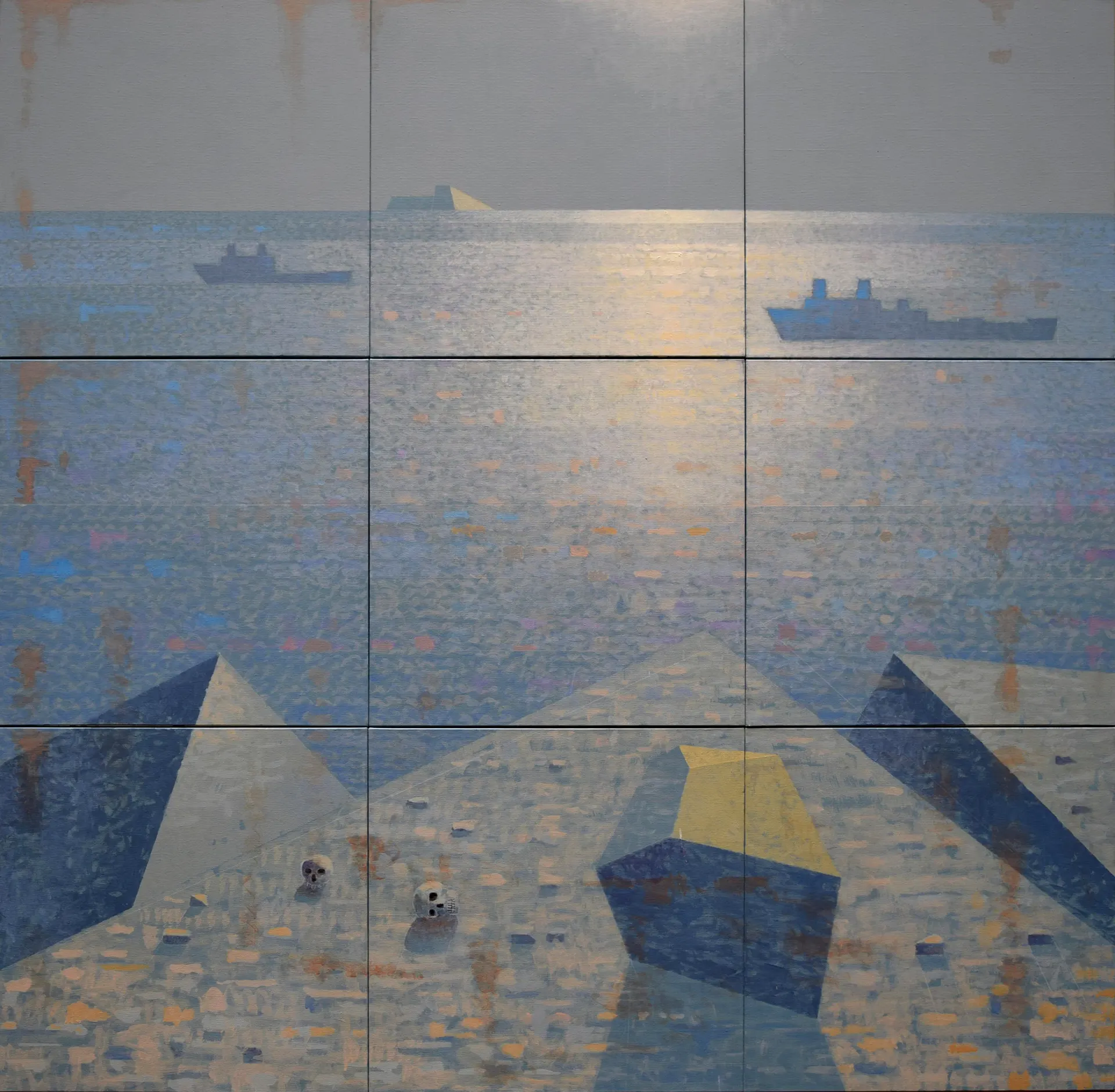 immagine per Giuseppe Modica, Sguardo a distanza (transito di navi), 2023, acrilico su tela, polittico cm 150x150