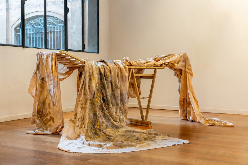 immagine per Caterina Sammartino, Domenica, 2024 Legno e colori naturali su cotone; dimensioni variabili Installation view, ERA Gallery, Milano, 2024