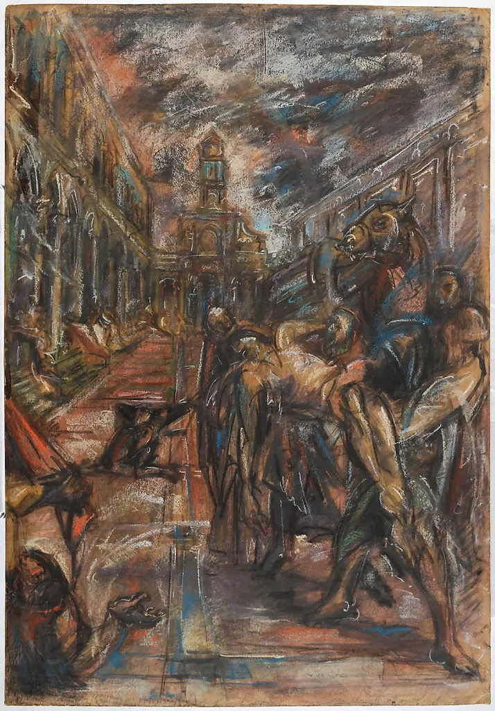 immagine per Emilio Vedova Interpretazione dal trasporto di S. Marco dal Tintoretto, 1936 Pastello e carboncino su cartone 99,8 x 69,5 cm Fondazione Emilio e Annabianca Vedova, Venezia