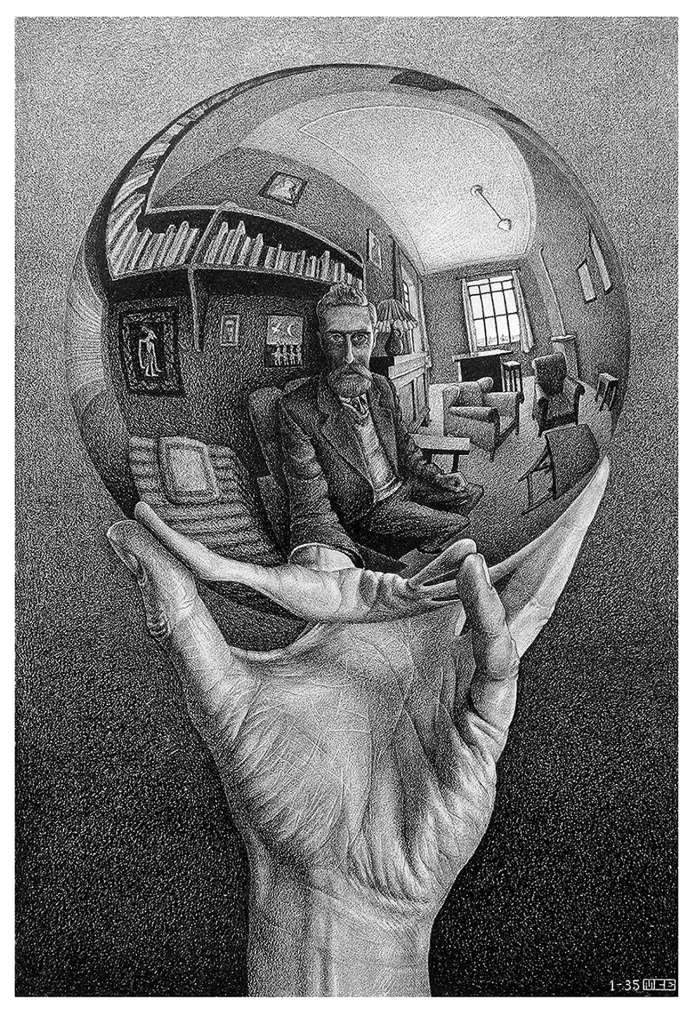immagine per Foto 1: Maurits Cornelis Escher Mano con sfera riflettente, 1935 Litografia, 31,8x21,3 cm Collezione M.C. Escher Holding, Paesi Bassi All M.C. Escher works © 2024 The M.C. Escher Company, The Netherlands. All rights reserved www.mcescher.com