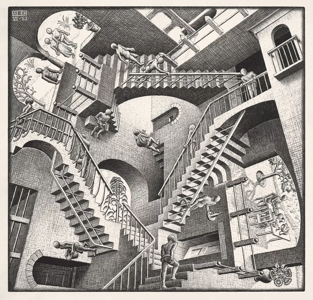 immagine per Foto 2: Maurits Cornelis Escher Relatività, 1953 Litografia, 27,7x29,2 cm Collezione Maurits, Italia All M.C. Escher works © 2024 The M.C. Escher Company, The Netherlands. All rights reserved www.mcescher.com