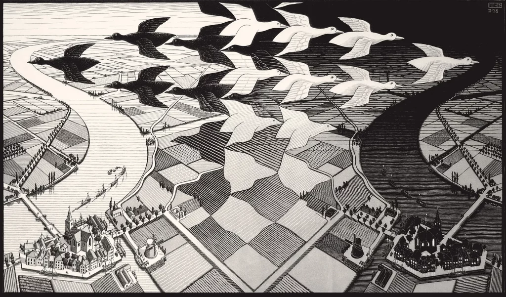 immagine per Foto 3: Maurits Cornelis Escher Giorno e notte, Febbraio 1938 Xilografia, 39,1x67,7 cm Collezione M.C. Escher Holding, Paesi Bassi All M.C. Escher works © 2024 The M.C. Escher Company, The Netherlands. All rights reserved www.mcescher.com