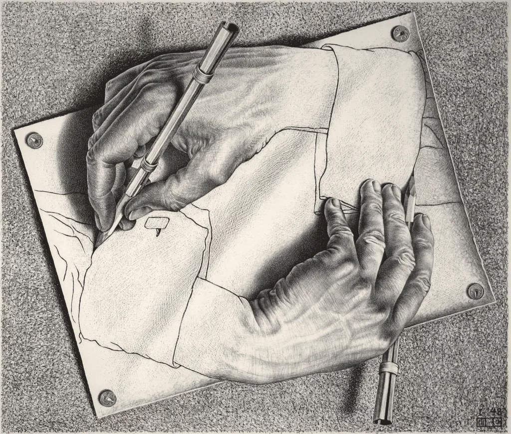 immagine per Foto 7: Maurits Cornelis Escher Mani che disegnano, 1948 Litografia 28,2x33,2 cm Collezione Maurits, Italia All M.C. Escher works © 2024 The M.C. Escher Company, The Netherlands. All rights reserved www.mcescher.com
