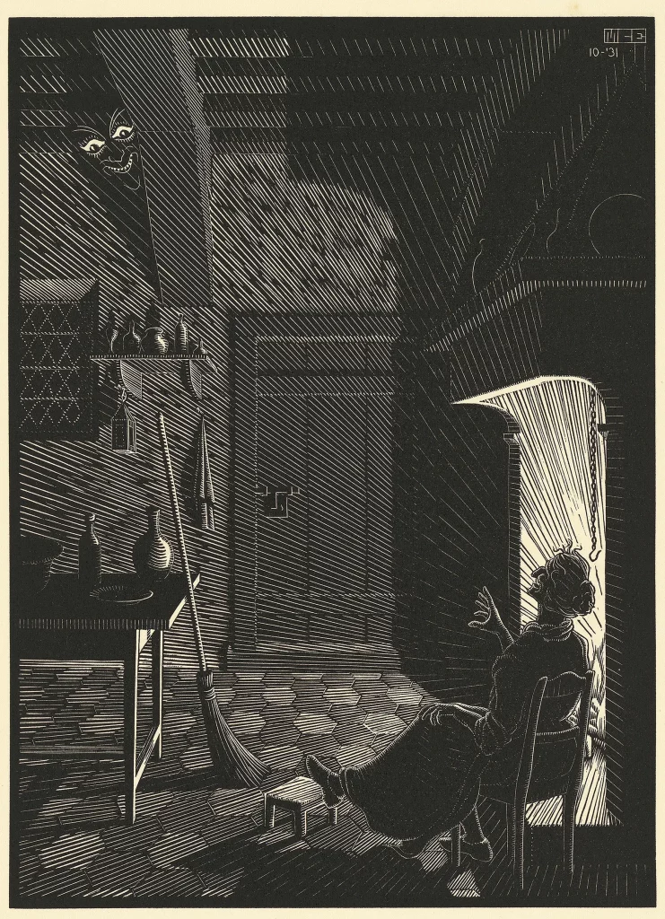 immagine per Foto 8: Maurits Cornelis Escher Scholastica, Illustrazione Pagina 5, 1931 Xilografia, 22,9x 16,8 cm Collezione Maurits, Italia All M.C. Escher works © 2024 The M.C. Escher Company, The Netherlands. All rights reserved www.mcescher.com