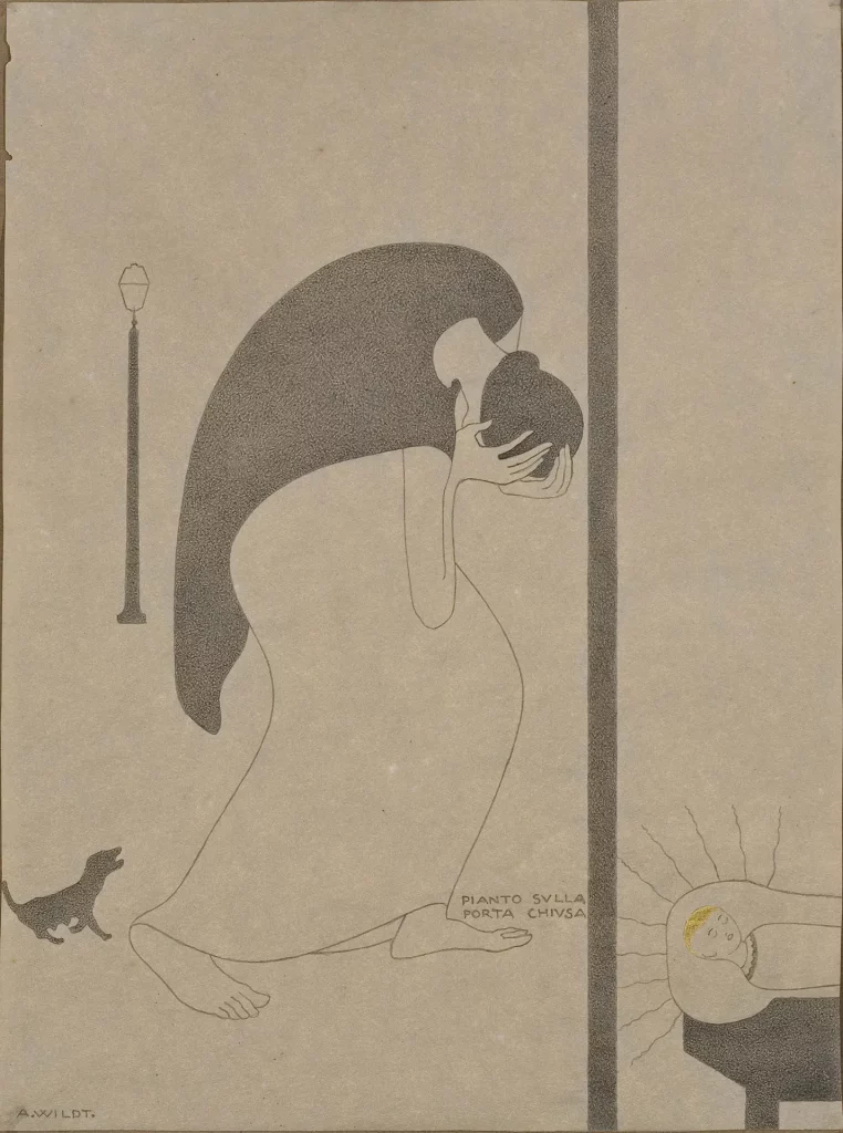 immagine per Adolfo Wildt Pianto sulla porta chiusa 1919 matita grafite e oro su carta mm 263 x 195 su supporto coevo mm 431 x 352