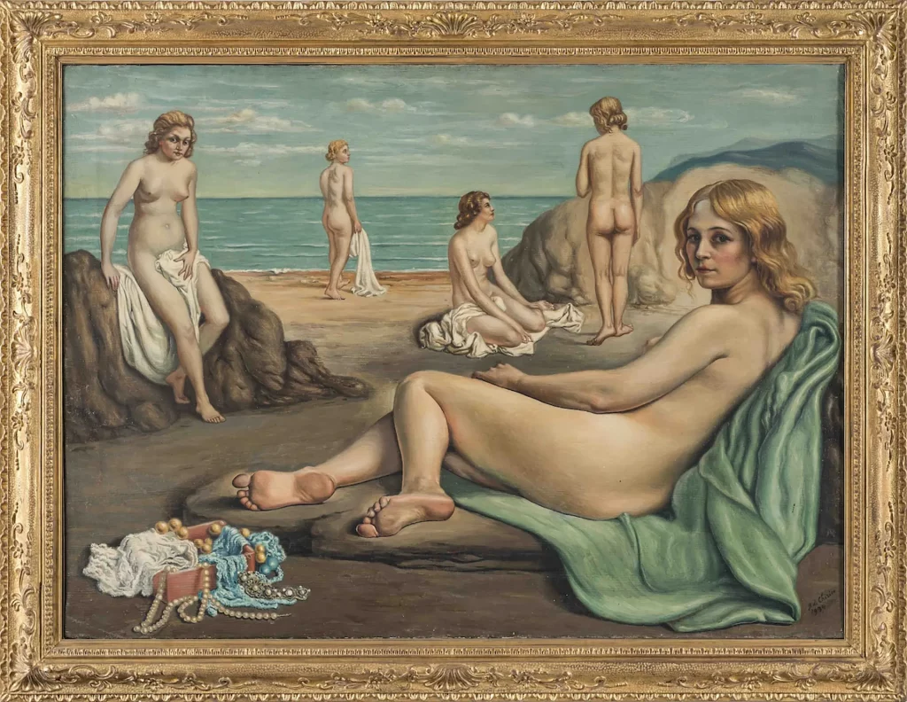 immagine per Giorgio de Chirico 1934 Bagnanti sopra una spiaggia olio su tela cm 110 x 150,5