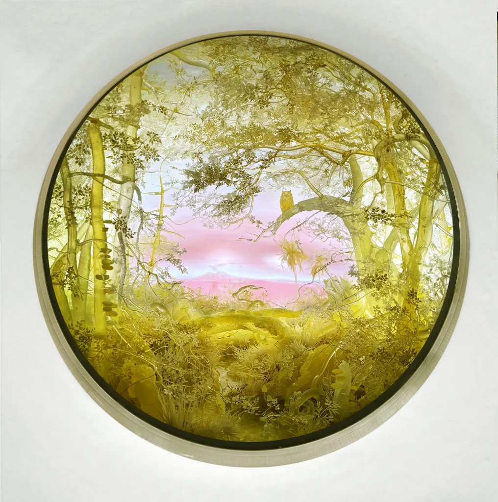 immagine per Yellow Owl with View of Mount Vesuvius styrene, clay, paper, foam, wood , acrylic, steel, lighting, BK glass_50(h) x 50(w) x 50(d) cm 2024