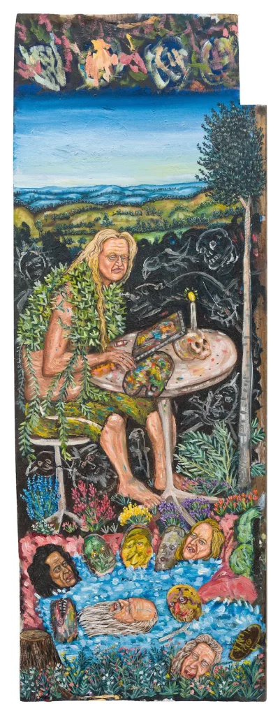 immagine per Bram Demunter, Painter by the Lake, 2024, oil on wooden panel, 63,5 x 22,5 cm