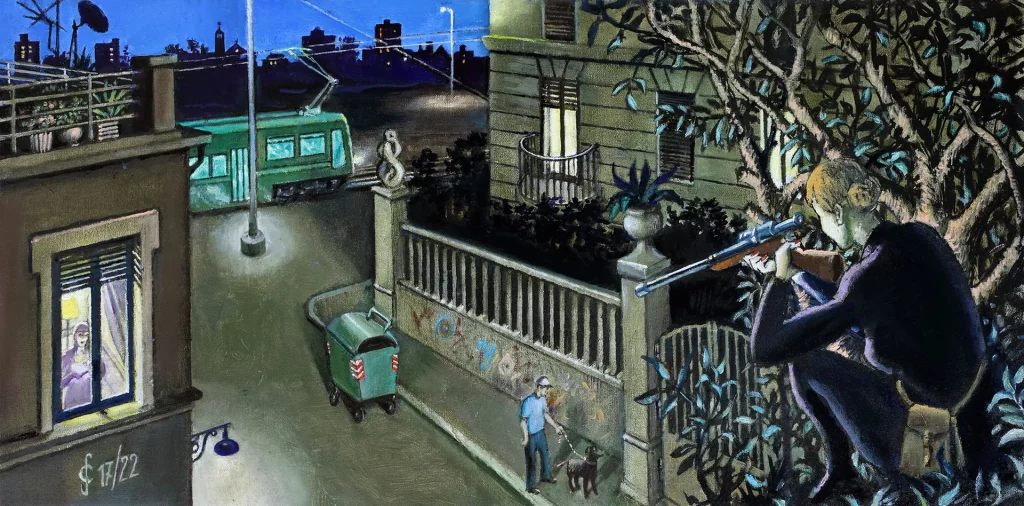 immagine per Sergio Ceccotti, Complicazioni notturne, 2022, Olio su tela, 40 x 80 cm