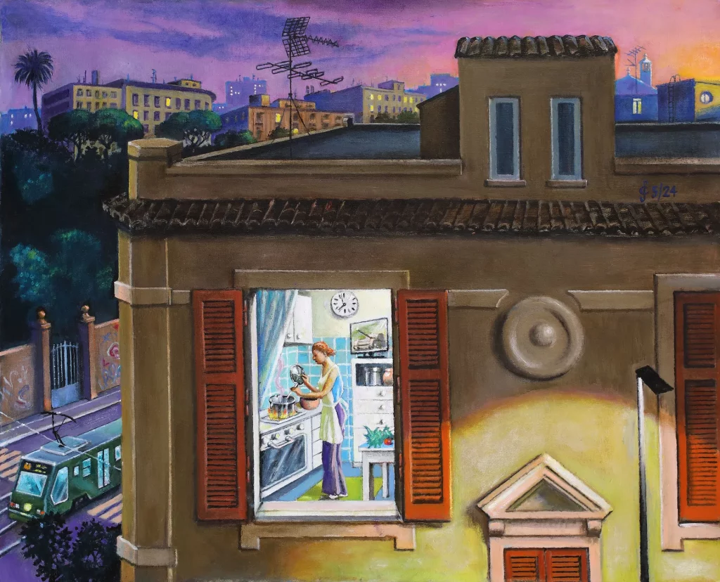 immagine per Sergio Ceccotti, Preparando la cena, 2024, Olio su tela, 81 x 100 cm