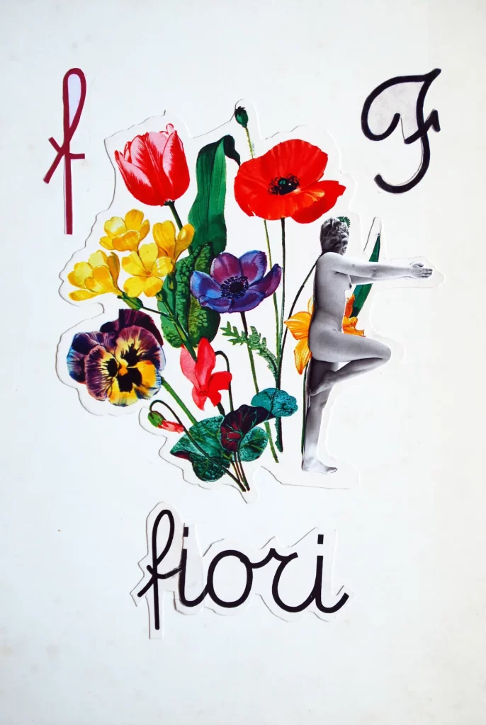 immagine per Tomaso Binga Alfabeto pop, F di Fiori, 1976–1977 collage su cartoncino prestampato cm 39.5 × 26.5 Courtesy Archivio Tomaso Binga, Roma