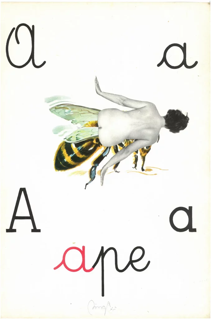 immagine per Tomaso Binga Alfabeto Pop / Ape (Bee), 1977 collage su cartoncino prestampato cm 40 x 27 Collezione privata Courtesy Archivio Tomaso Binga e Galleria Erica Ravenna, Roma