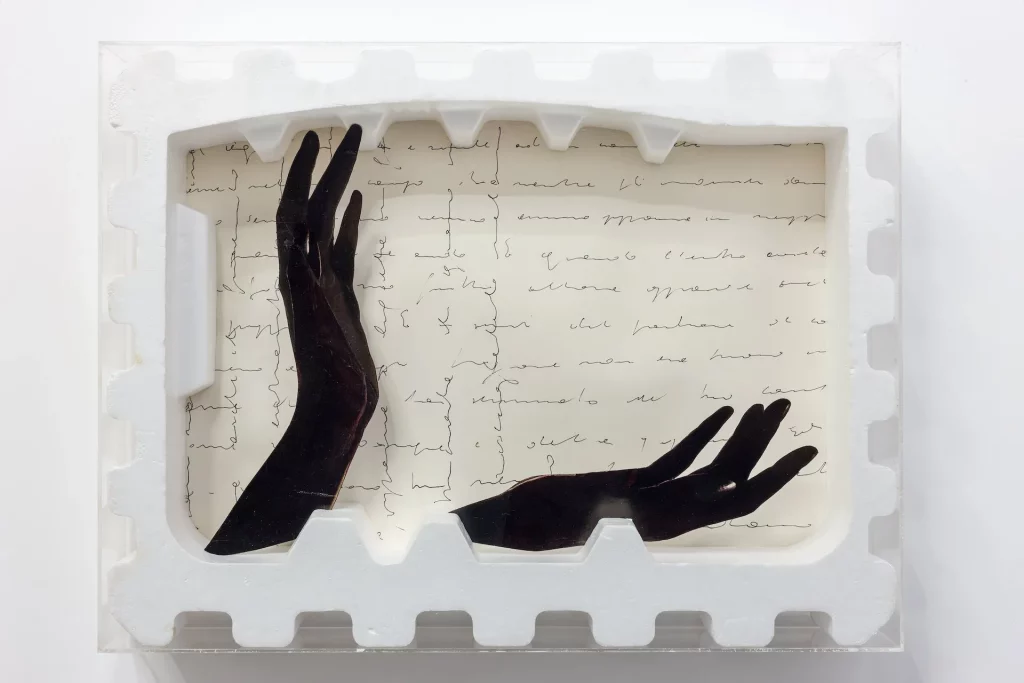 immagine per Tomaso Binga Mani per una parabola, 1973 collage e inchiostro su polistirolo, plexiglass cm 50× 66 × 9,8 Nicoletta Fiorucci Collection Courtesy Archivio Tomaso Binga, Roma e Galleria Tiziana Di Caro Napoli