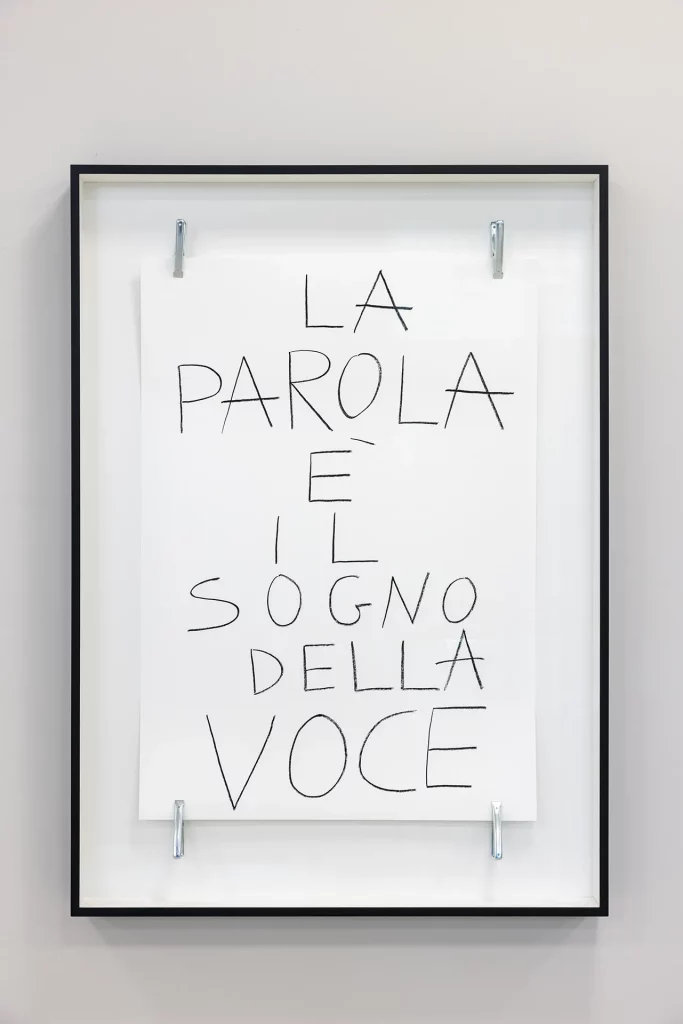 immagine per Marcello Maloberti MARTELLATE - LA PAROLA È IL SOGNO DELLA VOCE, 2025Oil pastel on paper, 102 × 72 cm; 134 × 96 × 10 cm framedCourtesy the artist and Galleria Raffaella Cortese, Milan - Albisola