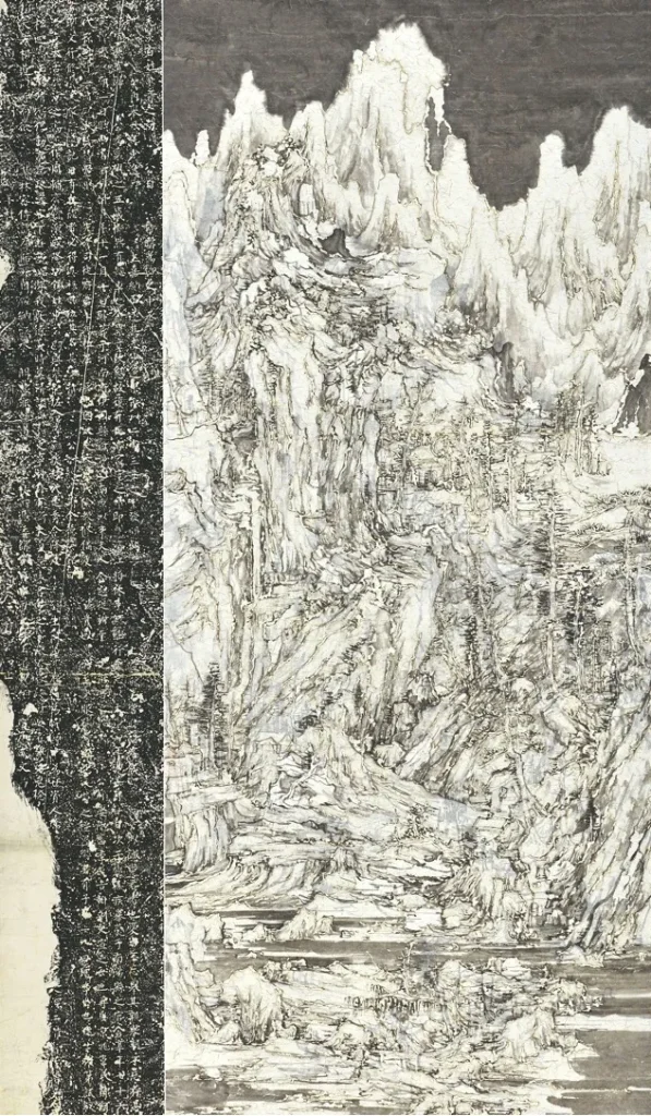 immagine per Wang Tiande, Cercando la Via tra i Monti e i Ruscelli, 2019, Carta Xuan, inchiostro, fiamma e sfregamento