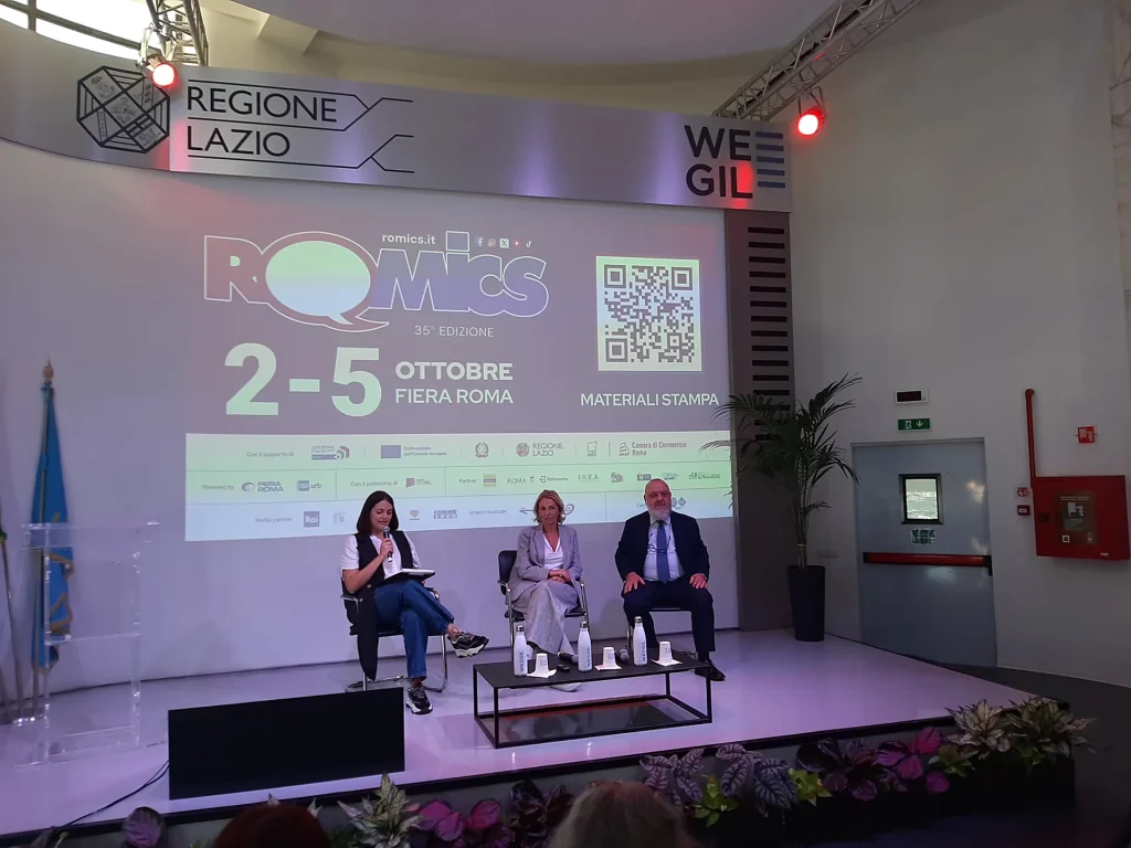 immagine per Conferenza stampa presentazione XXXV edizione Romics. Sulla destra l’Assessore alla Cultura della Regione Lazio, Simona Renata Baldassarre, e l’Amministratore Unico della Fiera di Roma, Fabio Casasoli.