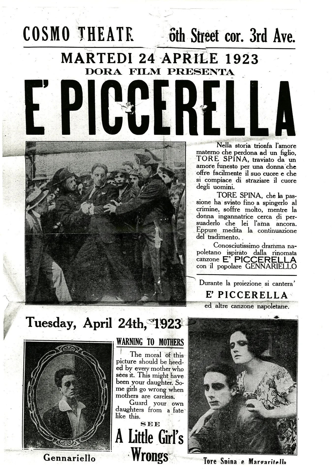 immagine per Locandina del film E’ Picerella (1922). Courtesy of the New York State Archives