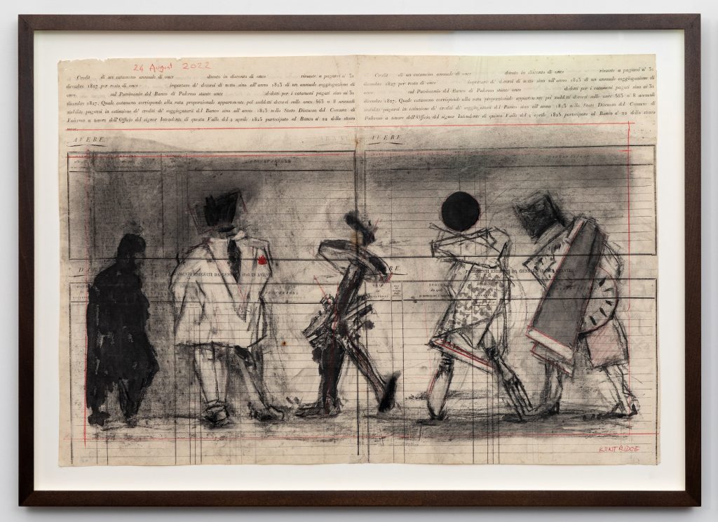 immagine per 07. William Kentridge, Chiesa di San Francesco Saverio, Palermo Cash Book Drawing V, 2023, Indian ink, Charcoal and Coloured pencil on found paper, 62,5 × 87 × 5 cm. Courtesy dell’artista e Galleria Lia Rumma Milano/Napoli. Foto: Danilo Donzelli.