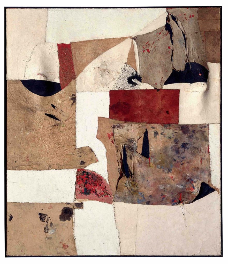 immagine per Alberto Burri Gobbo Bianco, 1953Stoffa, olio, segatura, pietra pomice su tela estroflessa100.7 x 87 cmFondazione Palazzo Albizzini Collezione Burri Foto: A Sarteanesi, Città di Castello(ç) Fondazione Palazzo Albizzini Collezione Burri, Città di Castello; 2025, Prolitteris, Zürich
