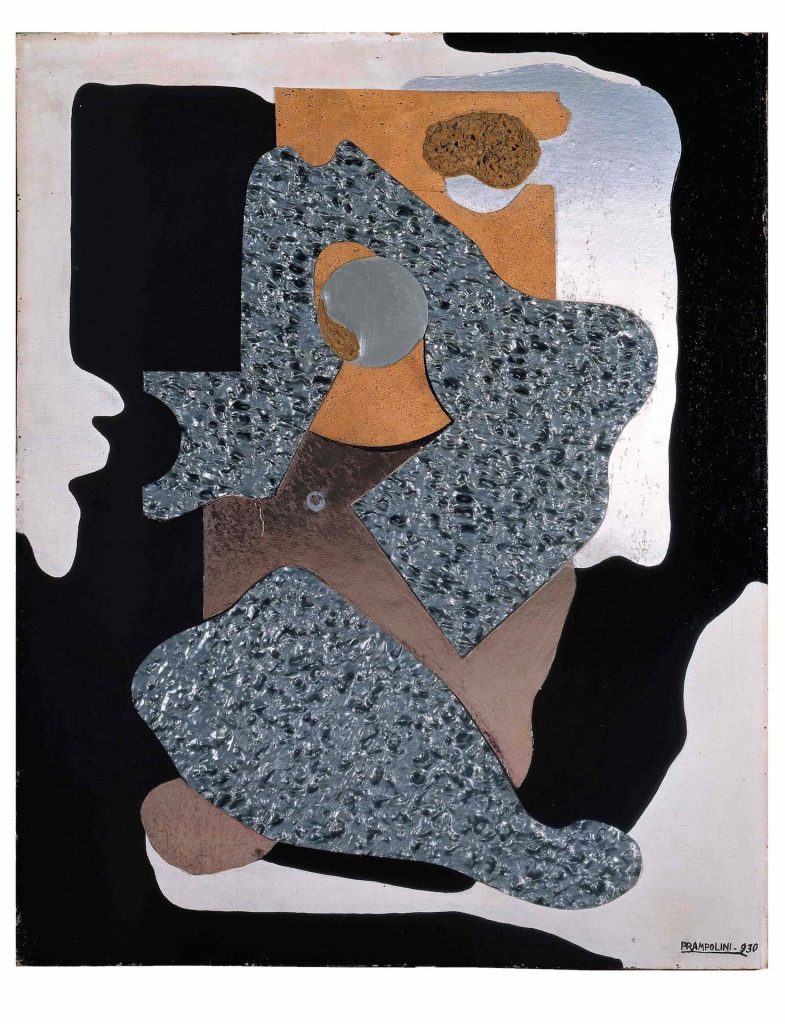immagine per Enrico Prampolini Intervista con la materia, 1930 Olio, smalto, sughero, galalite, spugna su tavola 98 x 78.5 cm Torino, GAM — Galleria Civica d'Arte Moderna e Contemporanea, Fondazione Guido ed Ettore De Fornaris. Su concessione della Fondazione Torino Musei Foto: Laboratorio Rampazzi