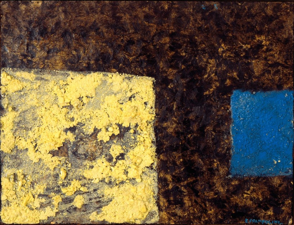 immagine per Enrico Prampolini Composizione S6: zolfo e cobalto, 1955 Polimaterico su tavola 23.5 x 32 cm Collezione Giancarlo e Danna Olgiati, Lugano Foto: Stefania Beretta